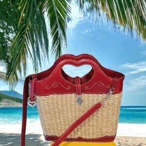 Brighton Straw & Red Leather Top Stitch Bucket Handbag Shoulder Strap Cr…